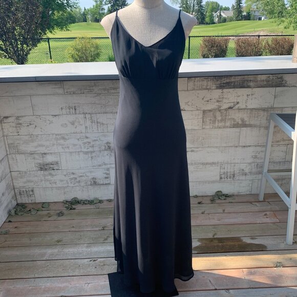 Vintage 90s Y2K Babydoll Empire Waist Maxi Slip Dress Black Chiffon Evening Gown - Picture 10 of 15